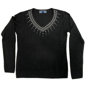 Karen Scott Black knitted V neck Sweater with pearl accents women's size Medium
